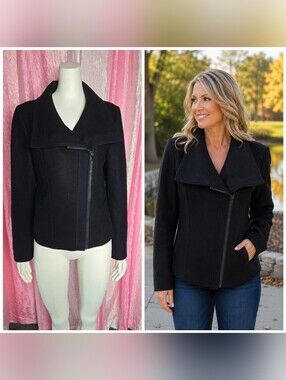 Ann Taylor Black Wool Blend Lined Zip Moto Hipster Jacket Size 12